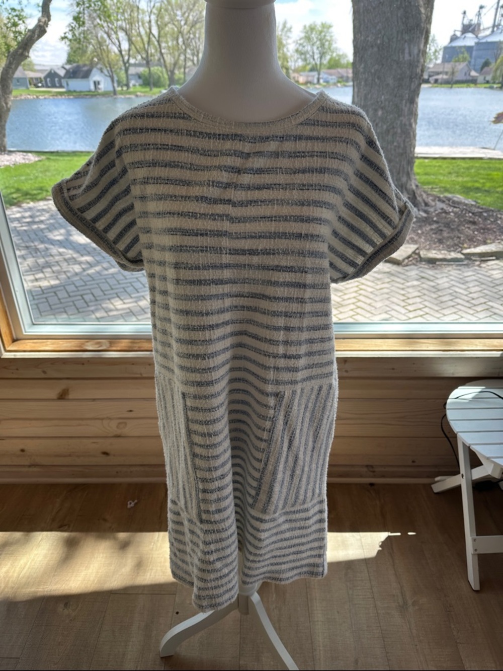 Striped Knit Mini Dress in Cream and Light Blue